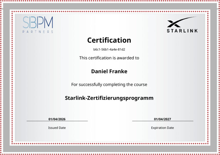 Starlink Zertifikat für Daniel Franke zur abgeschlossenen Starlink-Zertifizierung